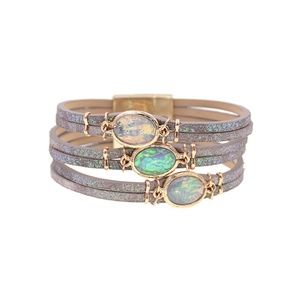 Simulated Opal Leather Cuff Bracelet with Magnetic Clasp